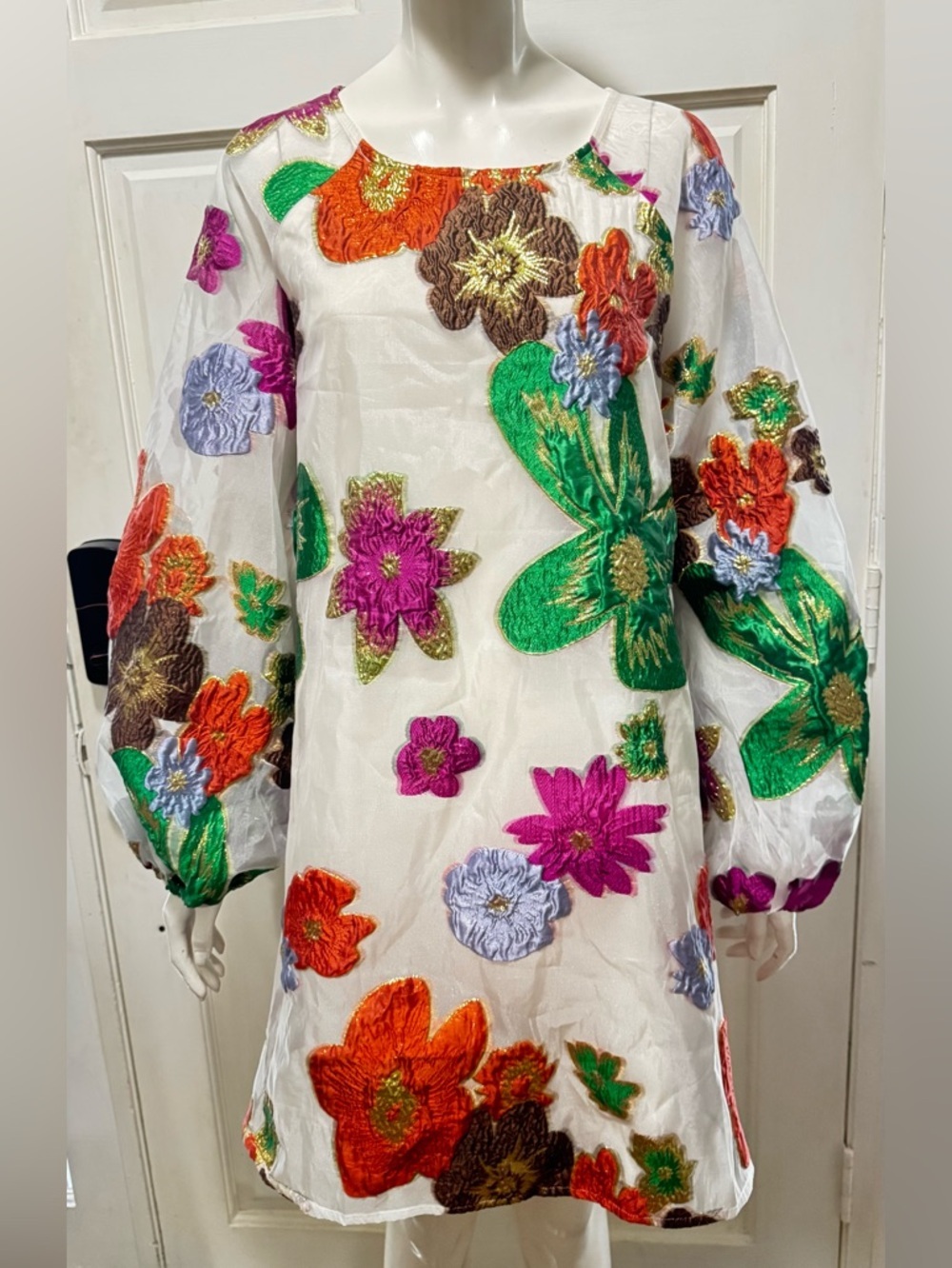 En Crème Floral Organza Bubble Sleeve Mini Dress long sleeve womens Sz Medium - Picture 3 of 13